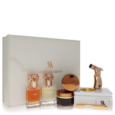 Swiss Arabian Bakhoor Dukhoon Al Haram by Swiss Arabian Gift Set — Gift Set contains 2 x 1.7 oz Eau De Parfum in Wajd & Gharaam + 2 x 60 grams of Incense in Dukhoon Al Haram & Oud Muattar Mumtaz (Men)